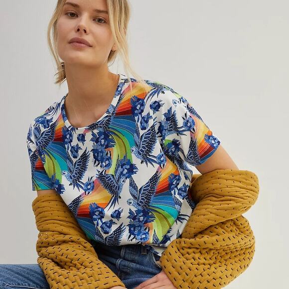 Farm Rio x Anthropologie Aves Motif Island Inspired Cotton Graphic Tee XS - Picture 1 of 10